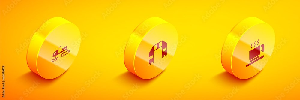 Set Isometric Snowmobile, Winter scarf and Hot chocolate cup icon. Vector Set Isometric Snowmobile, Winter scarf and Hot chocolate cup icon. Vector