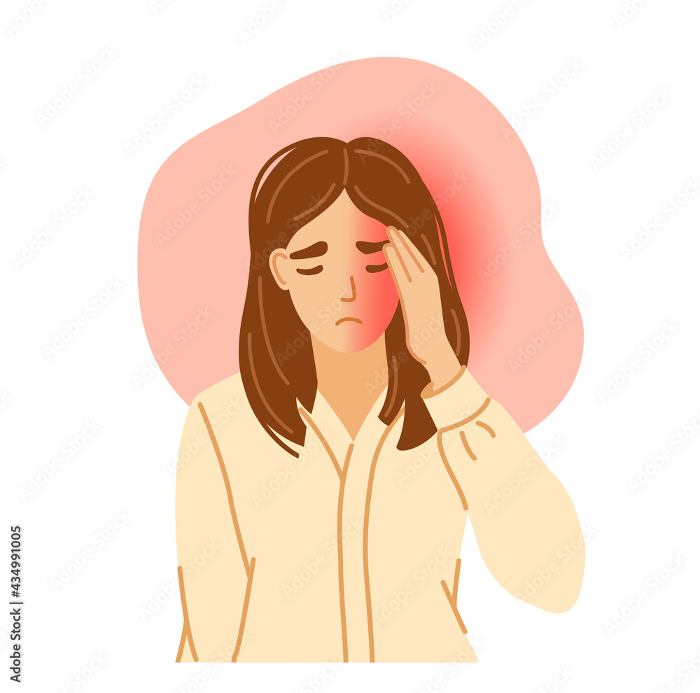 Woman having horrible headache. Stressed, overworked office worker suffering from pain and discomfort, pressing hand to temple. Vector hand-drawn illustration. Woman having horrible headache. Stressed, overworked office worker suffering from pain and discomfort, pressing hand to temple. Vector hand-drawn illustration.