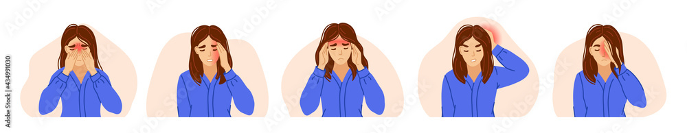 Woman suffering from different types of headaches. Sinus, tension, hypertension, migraine, and cluster headache. Overwork, stress. Vector hand-drawn characters.