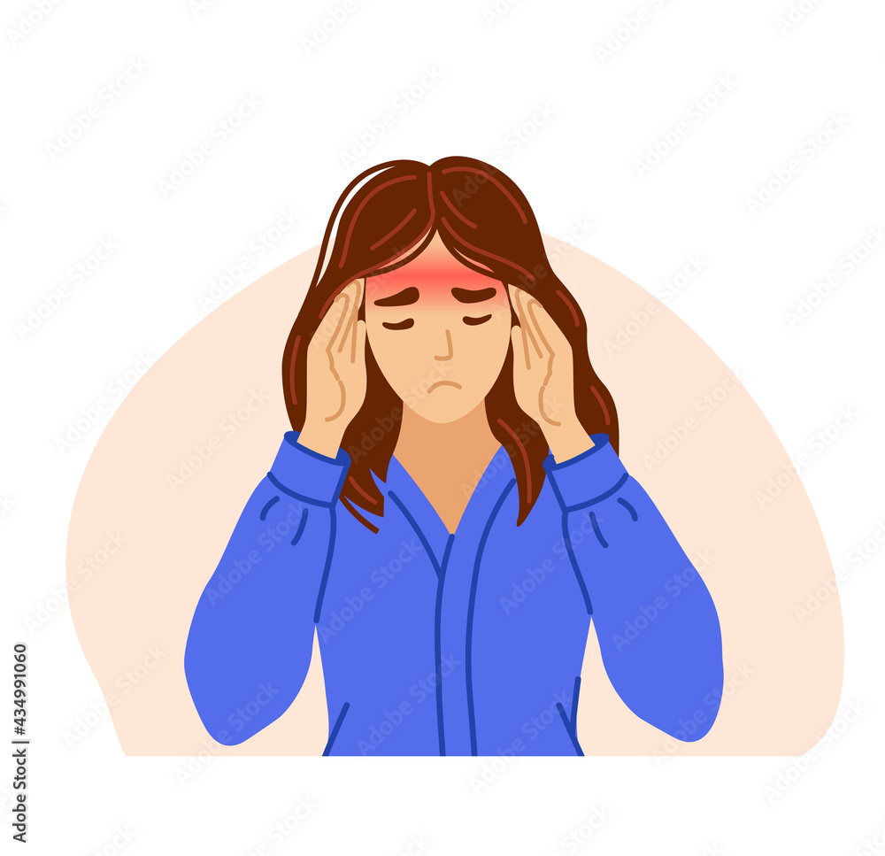 Woman suffering from tension headache, pain, stress, hangover, discomfort, holding her throbbing head, touching her temples. Overworked office lady. Vector hand-drawn illustration. Woman suffering from tension headache, pain, stress, hangover, discomfort, holding her throbbing head, touching her temples. Overworked office lady. Vector hand-drawn illustration.