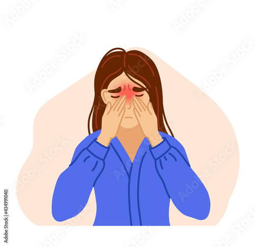 Woman suffering from sinus headache, pressing hands to bridge of nose. Sinusitis, nasal infection, respiratory disease. Vector hand-drawn character. photo