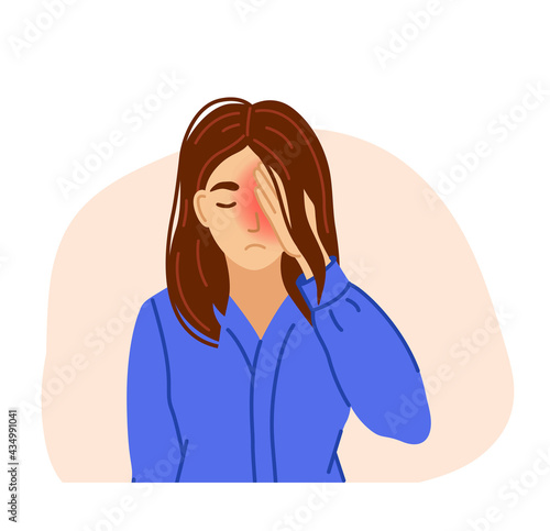 Woman suffering from cluster headache, pain, pressing hand to eye. Stressed tired overworked woman. Vector hand-drawn illustration.