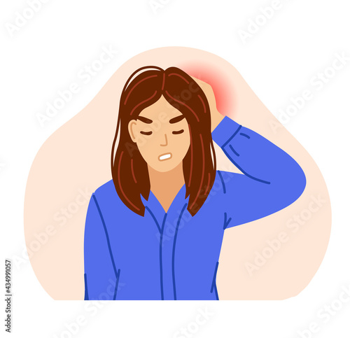 Woman suffering from migraine and hypertension headache, pressing hand to head. Tired, stressed, overworked woman. Hand-drawn vector character.