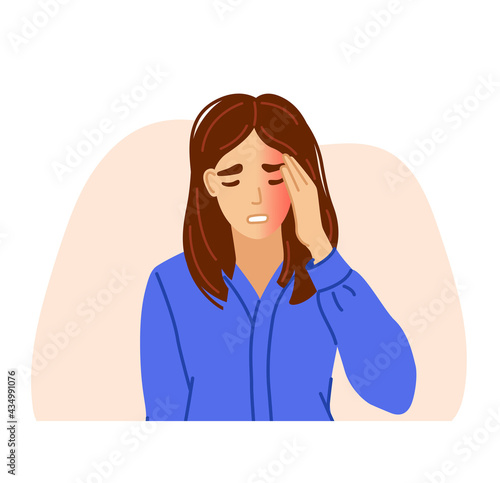 Woman suffering from migraine and headache, pressing hand to head. Tired, stressed, overworked woman. Hand-drawn vector character.