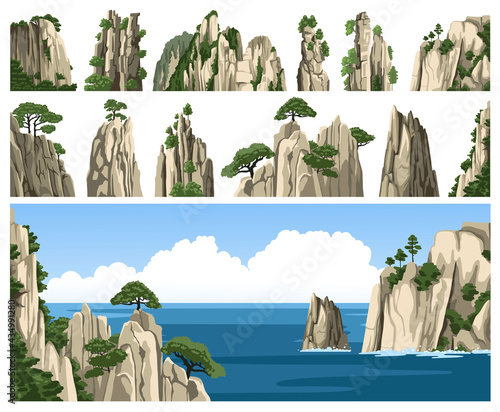 Set of rocks, cliffs, mountains peaks and stones isolated on white background. Rocky asian landscape elements. Colorful panoramic ocean scenary. Collection of cartoon vector illustrations.