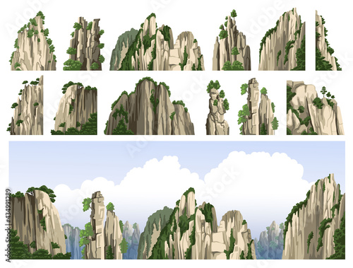 Mountains, rocks, stones, peaks and blue sky with clouds. Set of asian landscape elements. Colorful panoramic chinese scenery. Mountains scenic view. Flat vector illustration.
