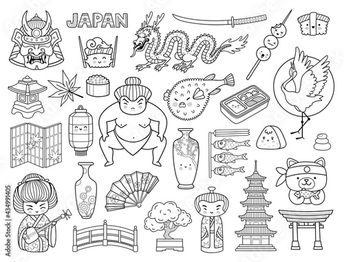 Kawaii japanese symbols and cartoon characters. Asian culture outline elements. Japan, sumo wrestler, cute sushi, samurai, fugu fish, pagoda. Doodle vector illustrations for coloring book, print.