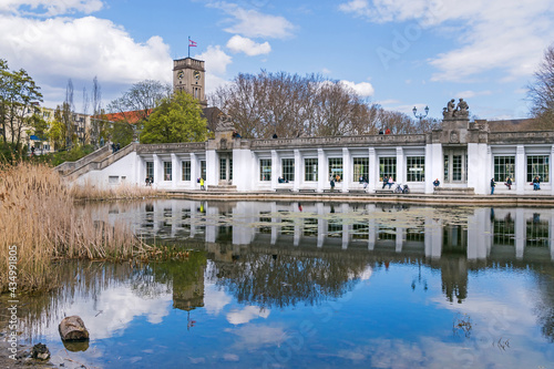 Rudolph Wilde Park with the duck pond and Carl-Zuckmayer bridge in Berlin, Germany