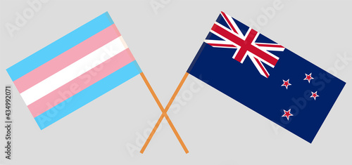 Crossed flags of Transgender Pride and New Zealand. Official colors. Correct proportion