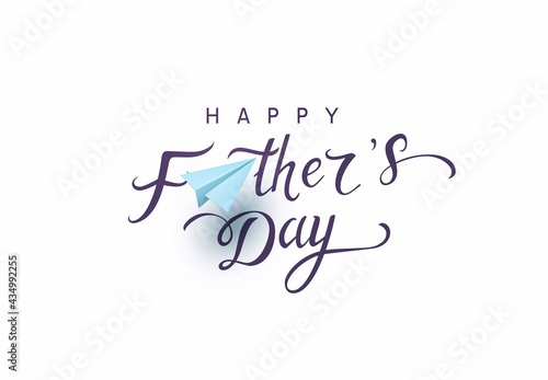 Father's day postcard with paper flying airplan, lettering on white background. Vector blue airplane and text greeting card design