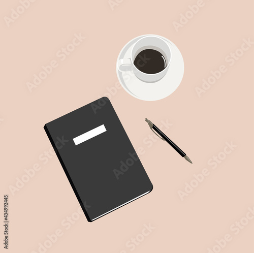 Illustration of a table with a notebook, a pen and a cup of coffee. Workspace concept. 