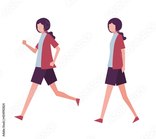走る女性と歩く女性のセット 人物フラットイラスト