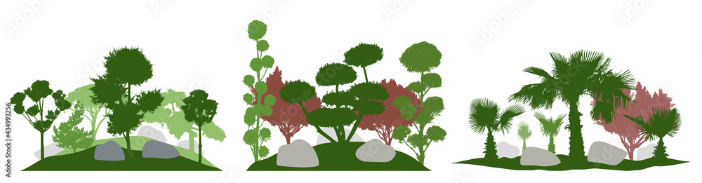 Fototapeta premium Gardening. Silhouette of decorative trees, landscape. Set, vector illustration