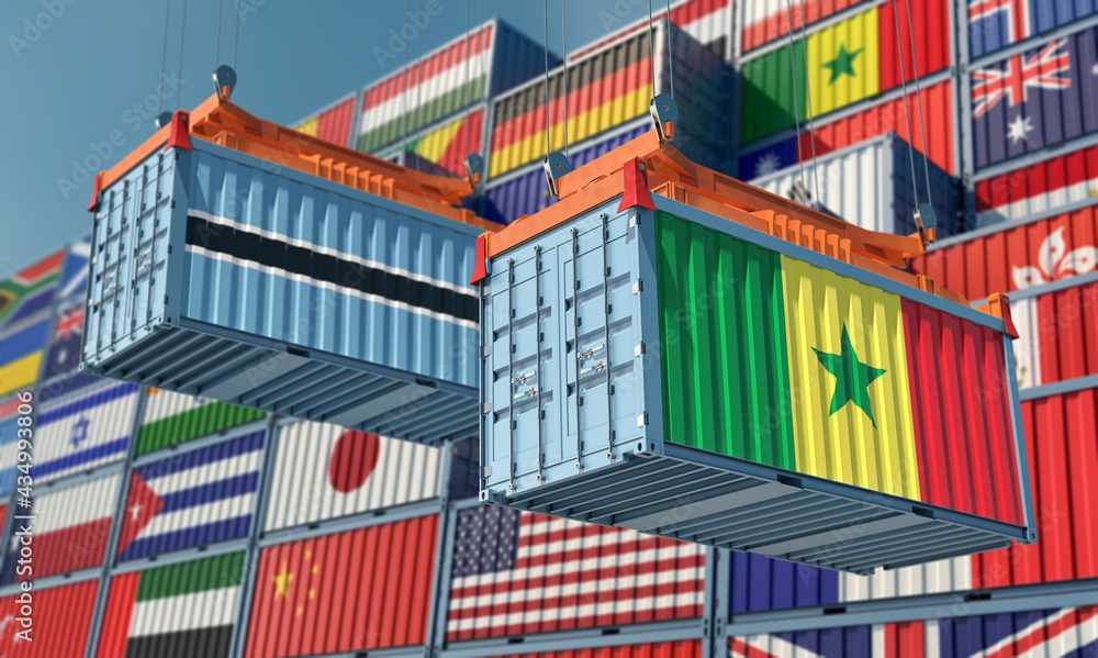 Two freight container with Botswana and Senegal flag. 3D Rendering