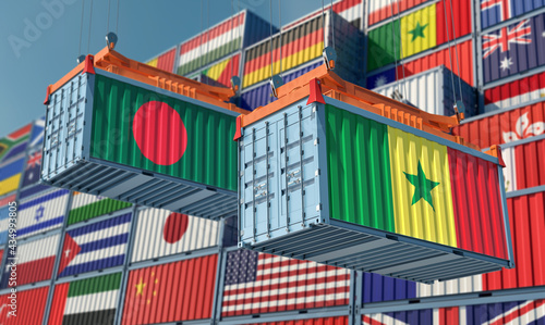 Two freight container with Bangladesh and Senegal flag. 3D Rendering