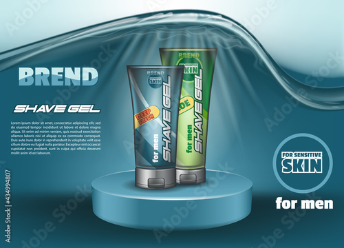 Packing of shaving gel for sensitive  skin ads. 3d vector realistic illustration