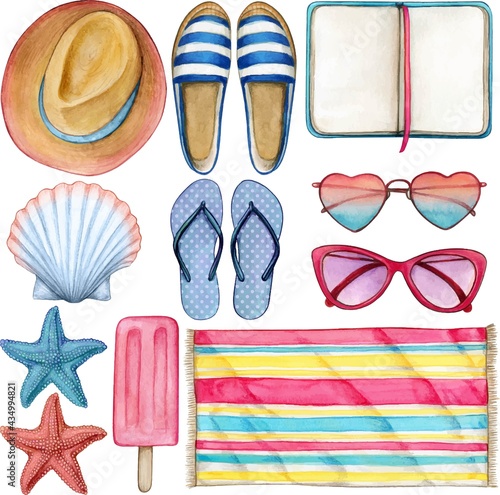 Watercolor summer object icon set pink and blue