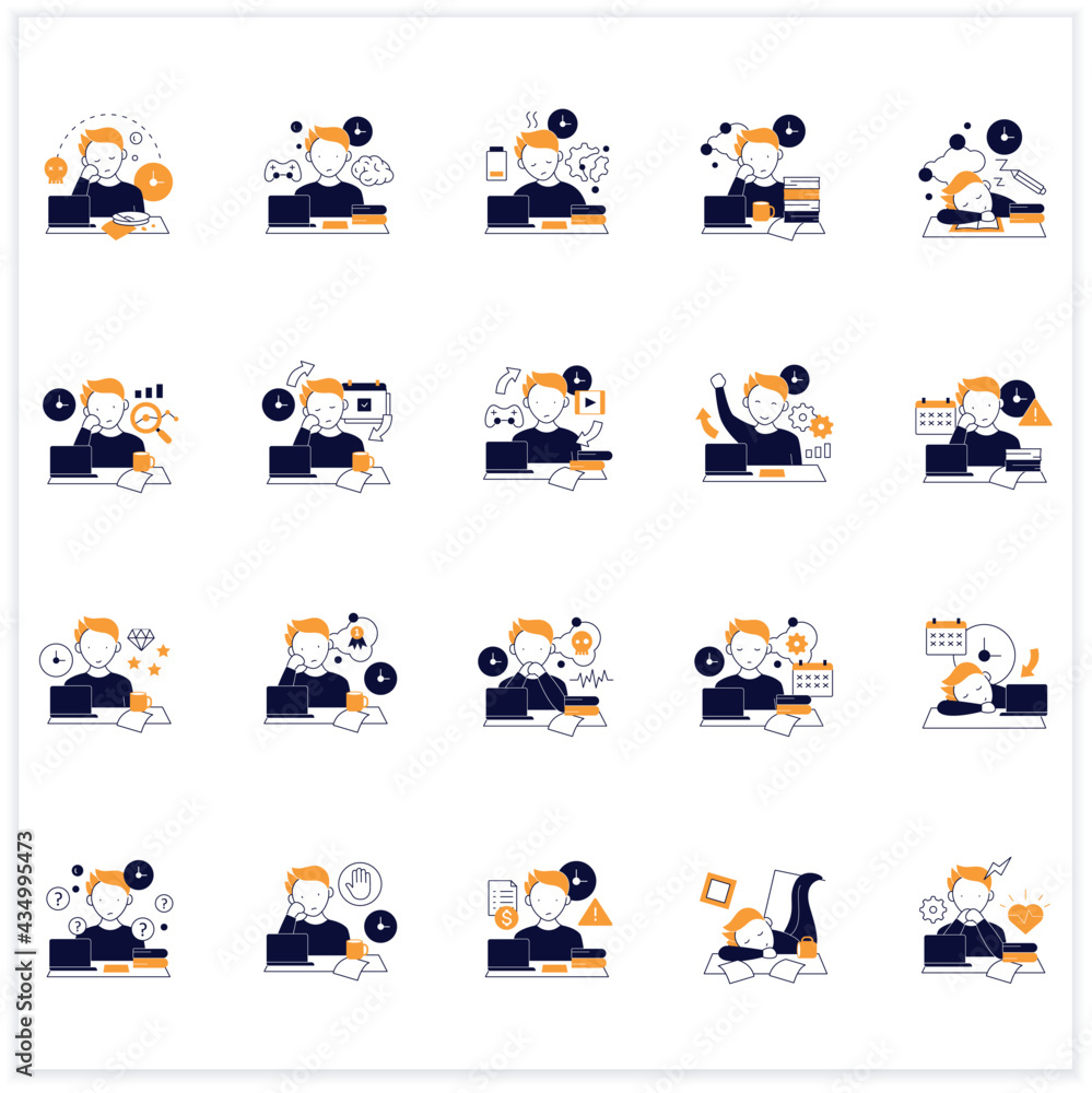Fototapeta premium Procrastination flat icons set. Postpone unpleasant tasks for later.Delay. Lazy person. Overwhelmed concept. Vector illustrations