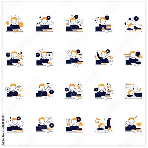 Procrastination flat icons set. Postpone unpleasant tasks for later.Delay. Lazy person. Overwhelmed concept. Vector illustrations
