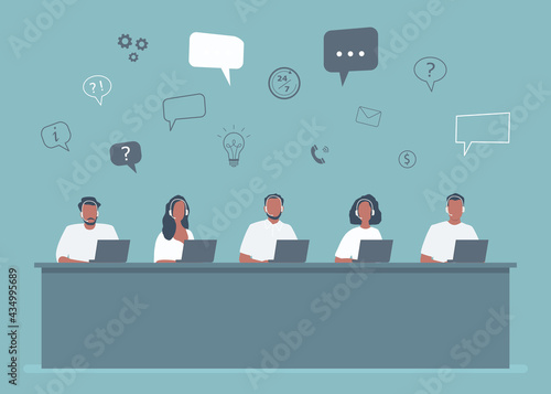 Call center workers. Support service icons. Young men and women in headphones are sitting at the table on a blue background. People icons. Funky flat style. Vector illustration