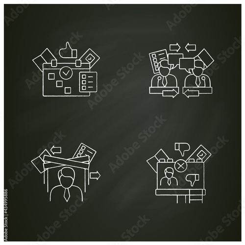 Election chalk icons set.Negative ad, election day, political puppet, debate. Choice, vote concept. Democracy. Parliamentary or presidential elections. Isolated vector illustrations on chalkboard