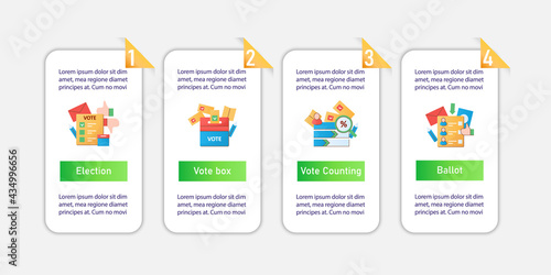 Election vector infographics. Vote counting, vote box, ballot template design elements.Presentation with 4 steps. Choice, vote concept. Democracy. Parliamentary elections layout, info chart, banner