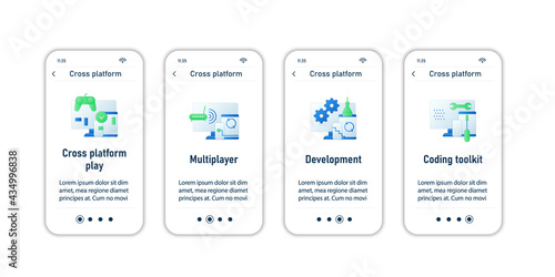 Cross platform onboarding mobile app screens.Playing, multiplayer, development, coding toolkit. Programming environment steps menu. Set of UI, UX, web template with RGB color linear icons