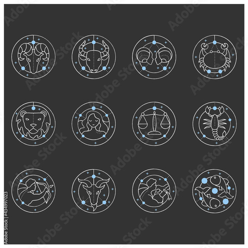 Zodiac chalk icons set. Fourth fire signs in zodiac. Birth symbols. Mystic horoscope signs. Astrological science concept. Isolated vector illustrations on chalkboard