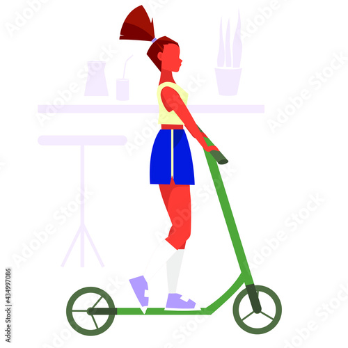 a girl in blue shorts and a yellow T-shirt rides a scooter in the summer