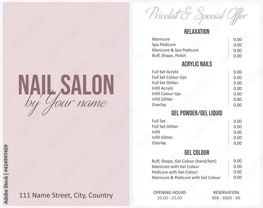Illustration sticker business card for nail salon by your name with pricelist and special offer, adress, phone number for reservation anf opening hours