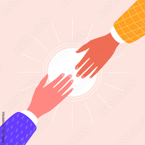 Flat vector cartoon illustration of two hands helping a friend. The concept of support and mutual assistance.