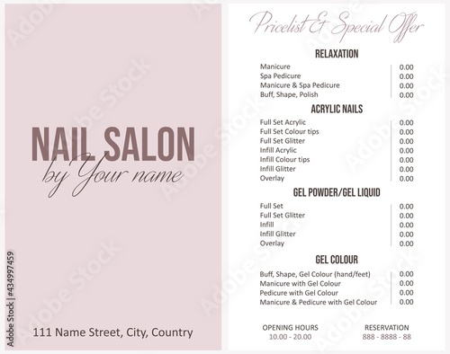 Illustration sticker business card for nail salon by your name with pricelist and special offer, adress, phone number for reservation anf opening hours photo