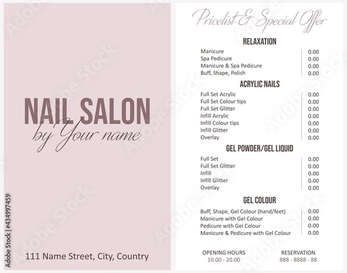 Illustration sticker business card for nail salon by your name with pricelist and special offer, adress, phone number for reservation anf opening hours