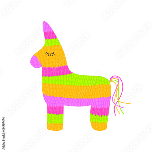 Flat vector cartoon illustration of a bright multicolored Mexican pinata in the shape of a horse, isolated on a white background.