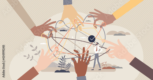 Community support and teamwork unity in complex challenge tiny person concept. Social help and partnership to solve common problem vector illustration. Global solidarity and diversity organization.