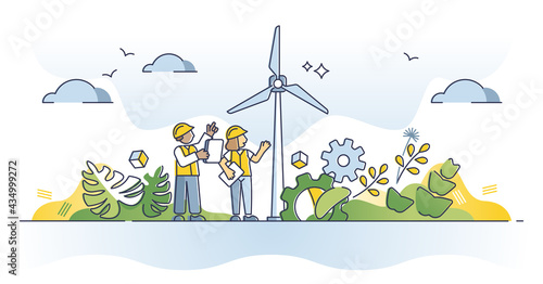 Environmental engineering and work with alternative energy outline concept. Wind turbine maintenance and set up occupation as sustainable and green electricity development job vector illustration.