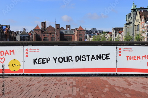 Keep Your Distance Warning Banner in Amsterdam, Holland