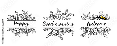 Set of floral monograms split in form of frame. Frame made of rose flowers and leaves and bee. For cutting SVG files on plotter. The frame is suitable for embellishing names on T-shirts