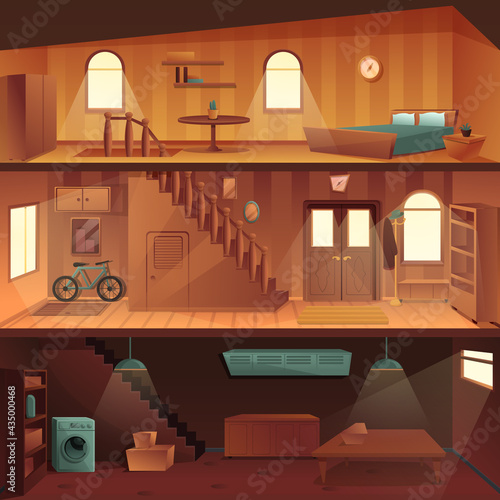 cartoon multi-storey house in section, vector illustration