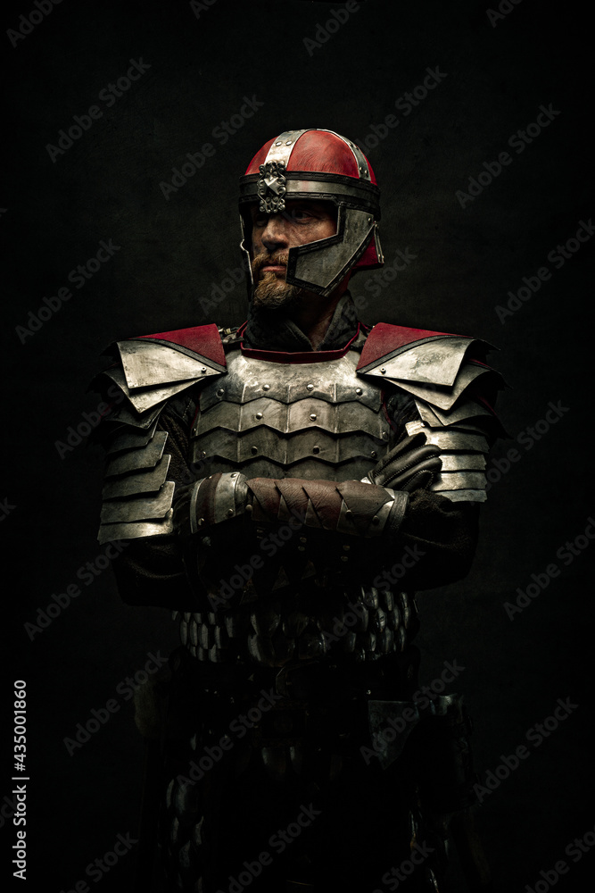 Portrait of a medieval fighter from the front, his head to the side