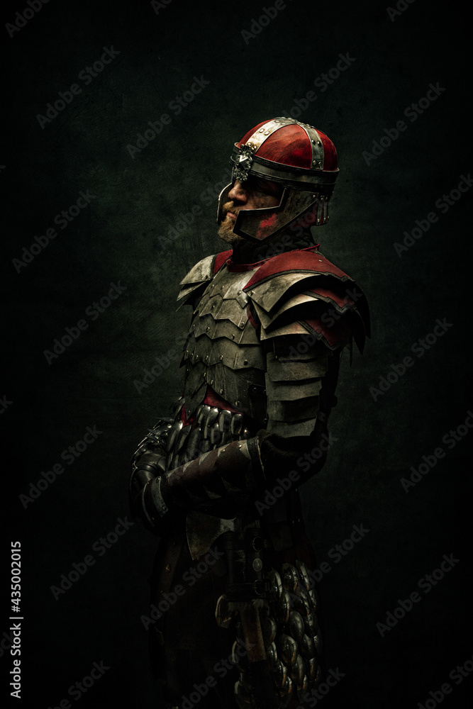 Portrait of a medieval fighter in profile