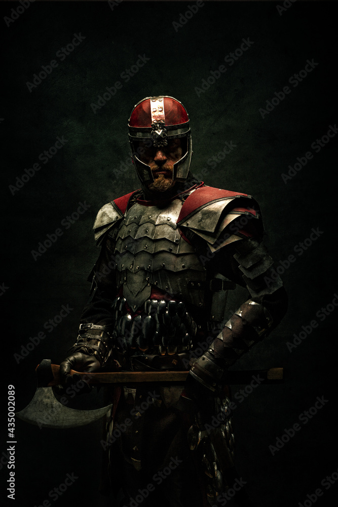 Portrait of a medieval fighter holding an ax in his hands