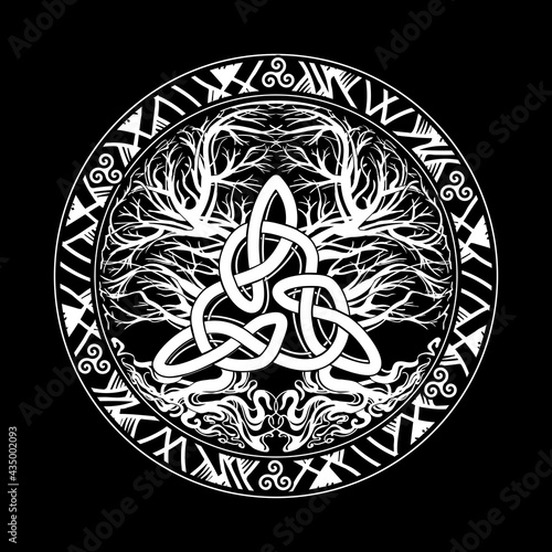 Yggdrasil tree of life Celtic sacred symbol. Celtic astronomy is a magical symbol of rebirth, positive energy and balance in nature. Vector tattoo, logo