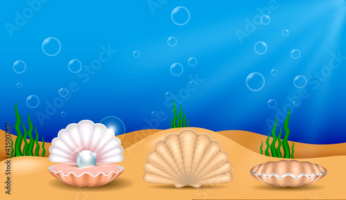 set of realistic shiny pearls or various color pearls inside sea shell or opened sea shell with soft mollusk. eps vector 