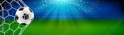 Soccer football in the goal net with stadium background. european or world championship. vector illustration banner
