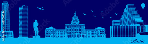 Vector city skyline silhouette - illustration, Town in blue background, Austin Texas