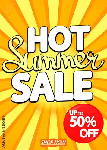 Hot Summer Sale up to 50% off, discount banner design template, promotion poster, season offer tag, vector illustration