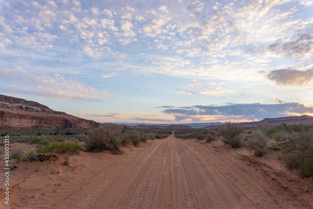 Desert road in Utah at sunrise