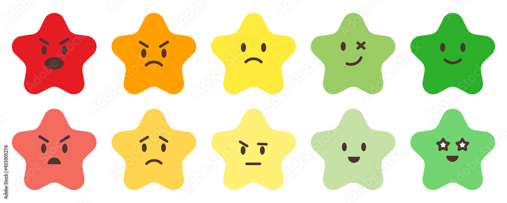 Rating colorful cartoon emotions stars vector web ranking star signs. Star vector icons on white background. Customer product rating. Sticker and label. Red, orange, yellow, light and dark green.