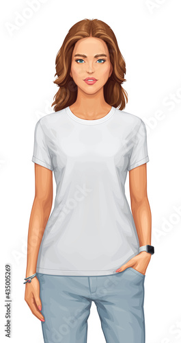 Beautiful Young Woman Wearing a Blank White T-Shirt